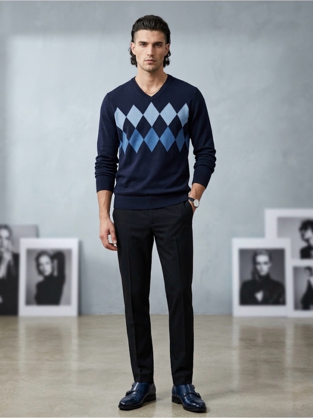 Dockers Navy V-Neck Sweater with Blue Argyle
